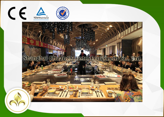 ซื้อ ตาราง Hibachi กลางแจ้งสี่เหลี่ยมผืนผ้า / วงกลมที่ไม่ได้มาตรฐานพร้อมที่นั่งหลายที่นั่ง8KW online manufacture